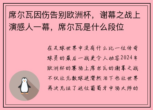 席尔瓦因伤告别欧洲杯，谢幕之战上演感人一幕，席尔瓦是什么段位