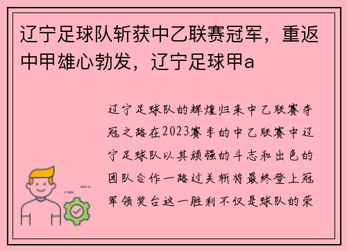 辽宁足球队斩获中乙联赛冠军，重返中甲雄心勃发，辽宁足球甲a