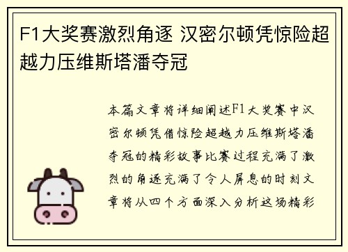 F1大奖赛激烈角逐 汉密尔顿凭惊险超越力压维斯塔潘夺冠