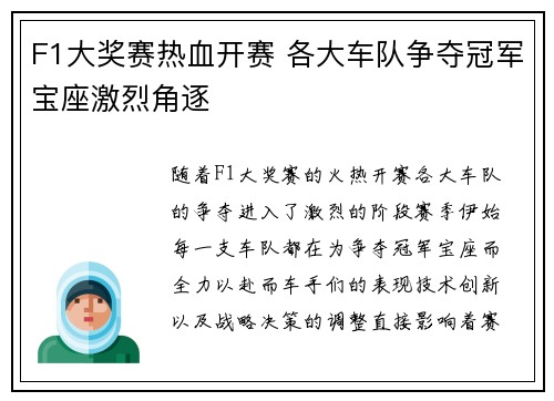 F1大奖赛热血开赛 各大车队争夺冠军宝座激烈角逐