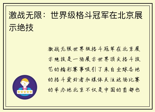 激战无限：世界级格斗冠军在北京展示绝技