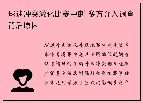 球迷冲突激化比赛中断 多方介入调查背后原因 球迷冲突激化比赛中断 多方介入调查背后原因